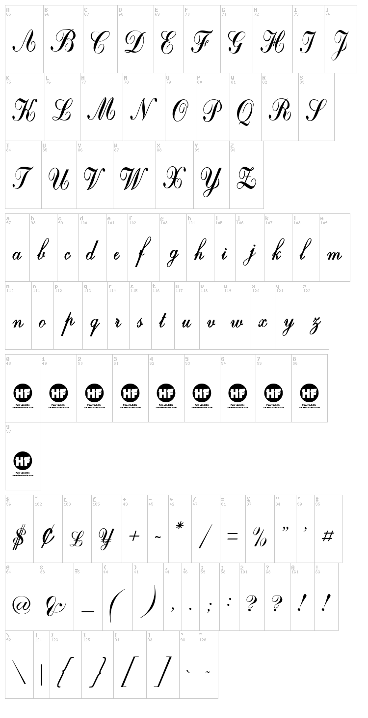 Crystal Symphony font map